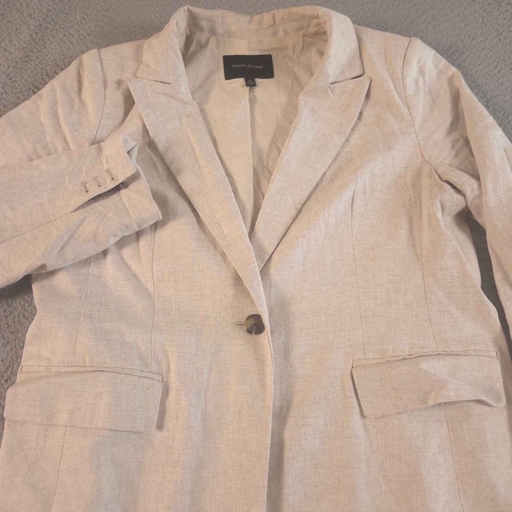 Banana Republic Blazer Womens 14 Beige Long Lean Linen-Blend Surgeons Cuff Coat